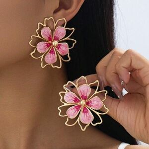 Gold & Pink Flower Statement Earrings - Women Jewelry